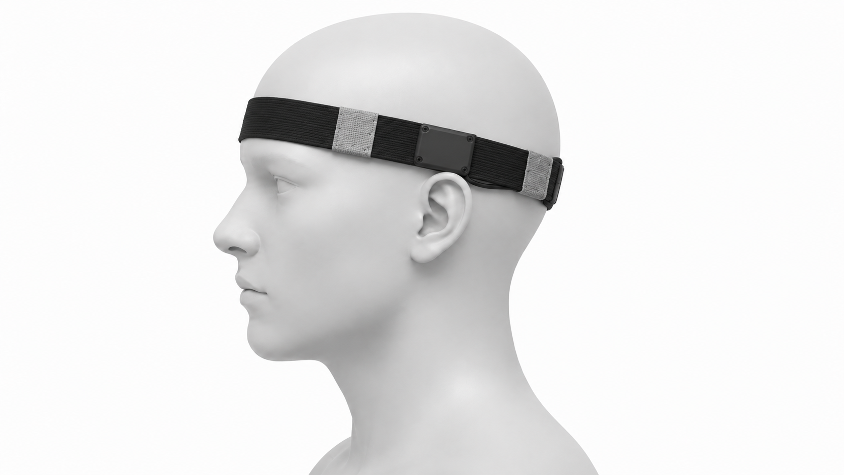 The same head wearing the prototype headband.